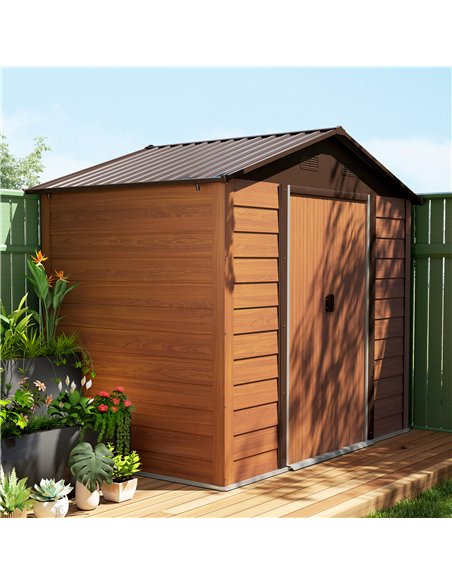 Outsunny 6 x 8ft Galvanised Steel Shed - Brown Wood-Effect - pic 160319 | FastDaddyshop