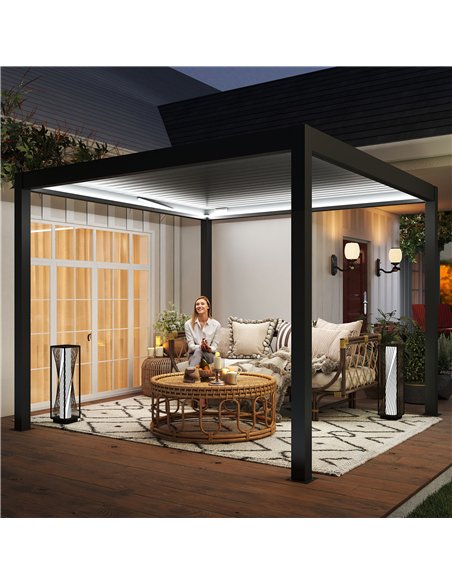 Outsunny 3 x 3(m) Electric Louvered Pergola with LED Lights, Aluminium Pergola Hardtop Gazebo with Remote, Adjustable Roof and D - pic 160348 | FastDaddyshop