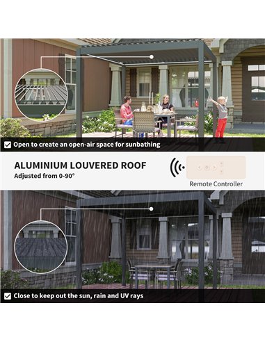 Outsunny 3 x 3(m) Electric Louvered Pergola with LED Lights, Aluminium Pergola Hardtop Gazebo with Remote, Adjustable Roof and D