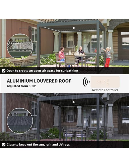 Outsunny 3 x 3(m) Electric Louvered Pergola with LED Lights, Aluminium Pergola Hardtop Gazebo with Remote, Adjustable Roof and D - pic 160350 | FastDaddyshop