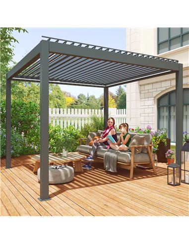 Outsunny 3 x 3(m) Electric Louvered Pergola with LED Lights, Aluminium Pergola Hardtop Gazebo with Remote, Adjustable Roof and D