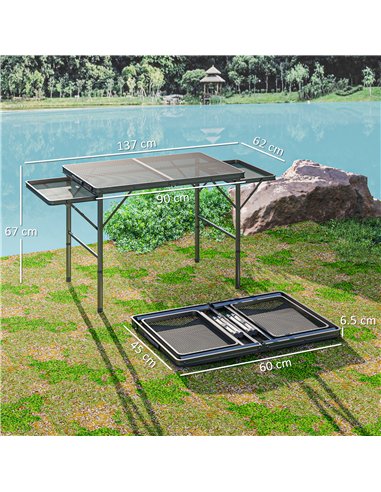 Outsunny Folding Grill Table, 4.5ft Portable Camping Table with 2 Wing Panels, Height Adjustable Metal Picnic Table for Camping,