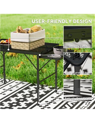 Outsunny Folding Grill Table, 4.5ft Portable Camping Table with 2 Wing Panels, Height Adjustable Metal Picnic Table for Camping,