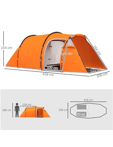 Outsunny 2-3 Man Tunnel Tents w/ Vestibule Camping Tent Porch Air Vents Weather-Resistant Shelter, Orange