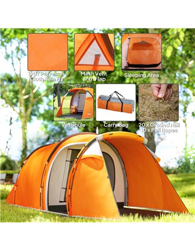 Outsunny 2-3 Man Tunnel Tents w/ Vestibule Camping Tent Porch Air Vents Weather-Resistant Shelter, Orange