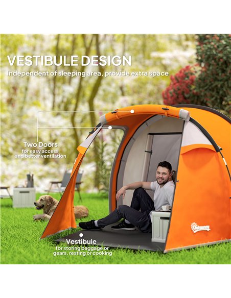 Outsunny 2-3 Man Tunnel Tents w/ Vestibule Camping Tent Porch Air Vents Weather-Resistant Shelter, Orange - pic 160396 | FastDaddyshop