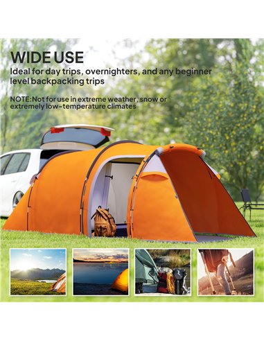 Outsunny 2-3 Man Tunnel Tents w/ Vestibule Camping Tent Porch Air Vents Weather-Resistant Shelter, Orange