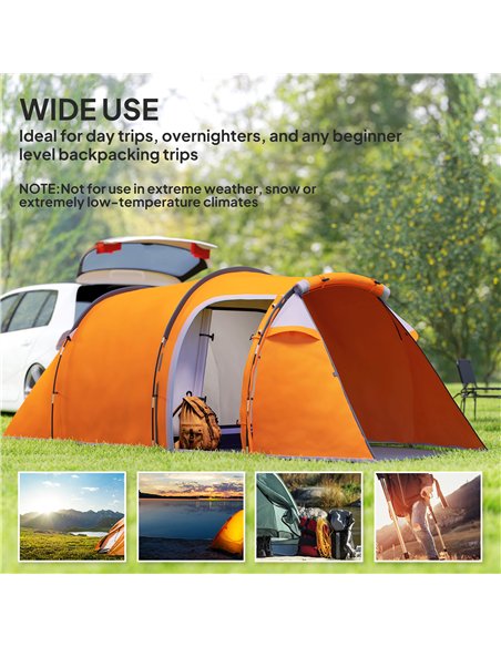 Outsunny 2-3 Man Tunnel Tents w/ Vestibule Camping Tent Porch Air Vents Weather-Resistant Shelter, Orange - pic 160398 | FastDaddyshop