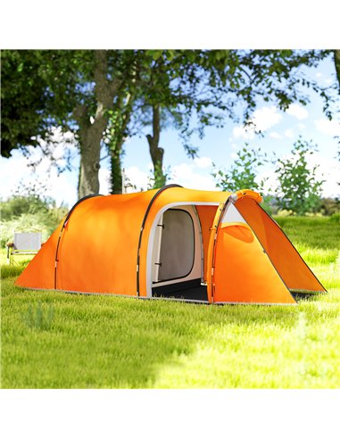 Outsunny 2-3 Man Tunnel Tents w/ Vestibule Camping Tent Porch Air Vents Weather-Resistant Shelter, Orange