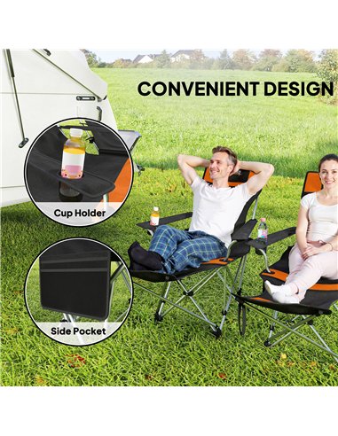 Outsunny Set of 2 Reclining Folding Camping Chair w/ Detachable Footrest, Storage Bag, Cup Holder & Headrest, Lightweight Portab