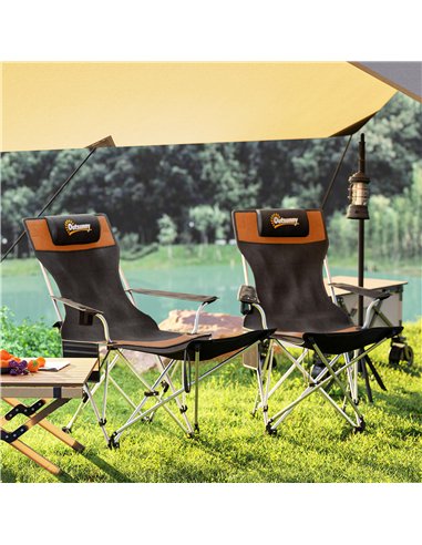 Outsunny Set of 2 Reclining Folding Camping Chair w/ Detachable Footrest, Storage Bag, Cup Holder & Headrest, Lightweight Portab