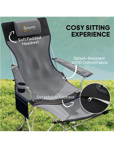 Outsunny Set of 2 Reclining Folding Camping Chair w/ Detachable Footrest, Storage Bag, Cup Holder & Headrest, Lightweight Portab