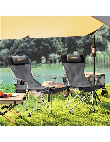 Outsunny Set of 2 Reclining Folding Camping Chair w/ Detachable Footrest, Storage Bag, Cup Holder & Headrest, Lightweight Portab