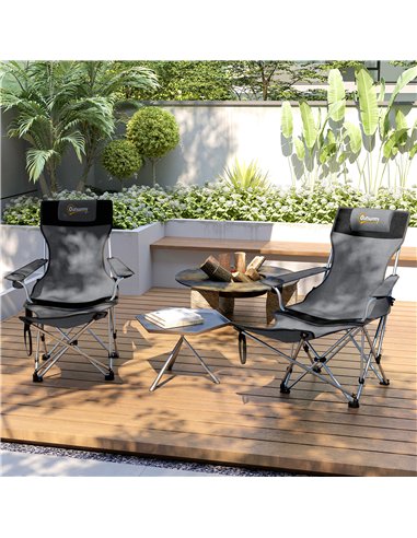 Outsunny Set of 2 Reclining Folding Camping Chair w/ Detachable Footrest, Storage Bag, Cup Holder & Headrest, Lightweight Portab