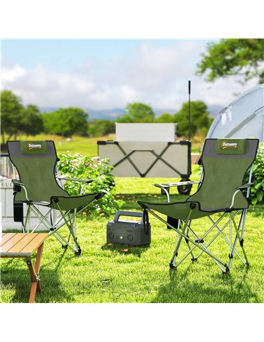 Outsunny Set of 2 Reclining Folding Camping Chair w/ Detachable Footrest, Storage Bag, Cup Holder & Headrest, Lightweight Portab