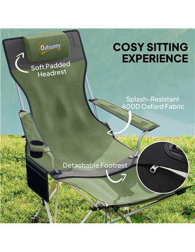 Outsunny Set of 2 Reclining Folding Camping Chair w/ Detachable Footrest, Storage Bag, Cup Holder & Headrest, Lightweight Portab