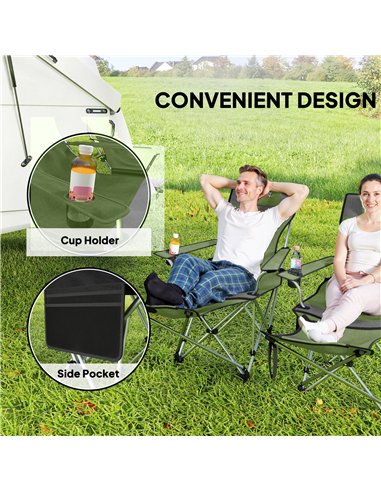 Outsunny Set of 2 Reclining Folding Camping Chair w/ Detachable Footrest, Storage Bag, Cup Holder & Headrest, Lightweight Portab