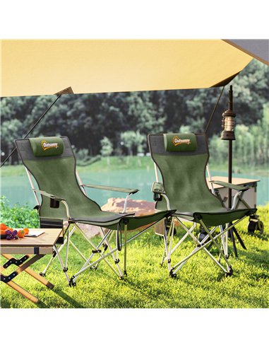 Outsunny Set of 2 Reclining Folding Camping Chair w/ Detachable Footrest, Storage Bag, Cup Holder & Headrest, Lightweight Portab