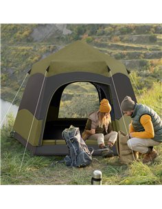 Outsunny Six Man Hexagon Camping Tent with Hang Hook and Carry Bag - Dark Green and Light Grey 2
