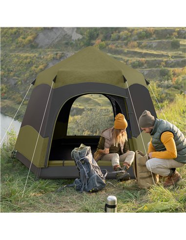 Outsunny Six Man Hexagon Camping Tent with Hang Hook and Carry Bag - Dark Green and Light Grey