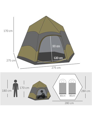 Outsunny Six Man Hexagon Camping Tent with Hang Hook and Carry Bag - Dark Green and Light Grey