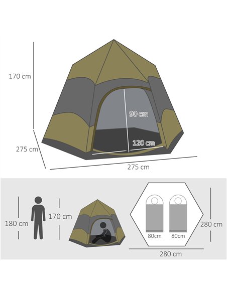 Outsunny Six Man Hexagon Camping Tent with Hang Hook and Carry Bag - Dark Green and Light Grey - pic 160448 | FastDaddyshop