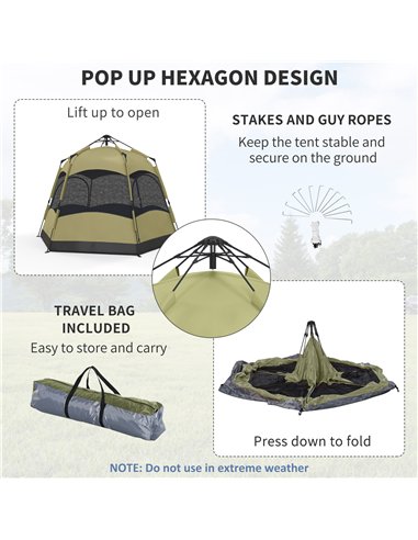 Outsunny Six Man Hexagon Camping Tent with Hang Hook and Carry Bag - Dark Green and Light Grey