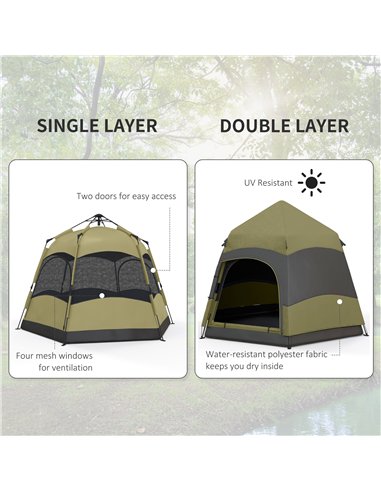 Outsunny Six Man Hexagon Camping Tent with Hang Hook and Carry Bag - Dark Green and Light Grey
