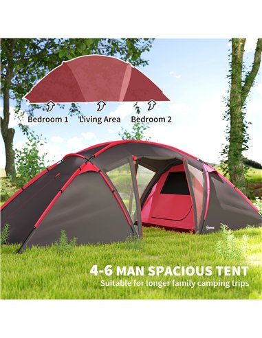 Outsunny 4-6 Man Family Camping Tent w/ 2 Bedrooms and a Living Room, Waterproof Tunnel Tent w/ Sewn In Groundsheet, Doors, Wind