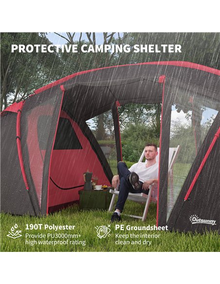 Outsunny 4-6 Man Family Camping Tent w/ 2 Bedrooms and a Living Room, Waterproof Tunnel Tent w/ Sewn In Groundsheet, Doors, Wind - pic 160459 | FastDaddyshop
