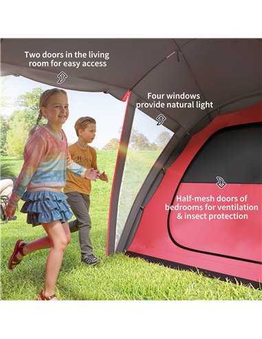 Outsunny 4-6 Man Family Camping Tent w/ 2 Bedrooms and a Living Room, Waterproof Tunnel Tent w/ Sewn In Groundsheet, Doors, Wind