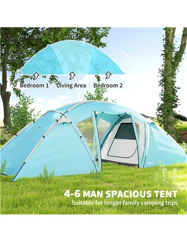 Outsunny 4-6 Man Family Camping Tent w/ 2 Bedrooms and a Living Room, Waterproof Tunnel Tent w/ Sewn In Groundsheet, Doors, Wind