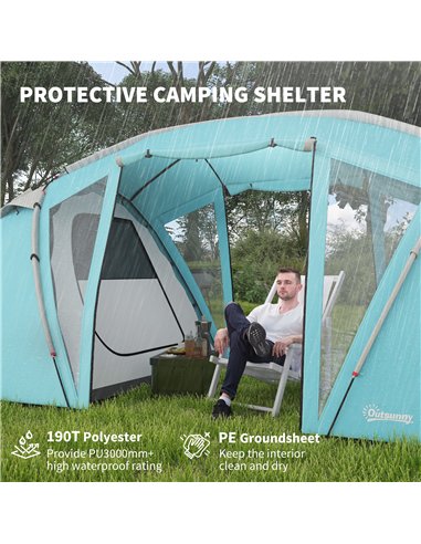 Outsunny 4-6 Man Family Camping Tent w/ 2 Bedrooms and a Living Room, Waterproof Tunnel Tent w/ Sewn In Groundsheet, Doors, Wind