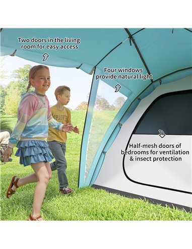Outsunny 4-6 Man Family Camping Tent w/ 2 Bedrooms and a Living Room, Waterproof Tunnel Tent w/ Sewn In Groundsheet, Doors, Wind