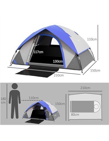 Outsunny Two Man Single Room Dome Tent, with Accessories - Dark Blue/Grey
