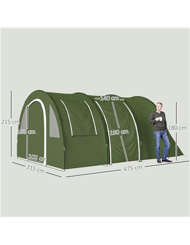 Outsunny 5-6 Man Camping Tent with 2 Room, Floor and Carry Bag - Green