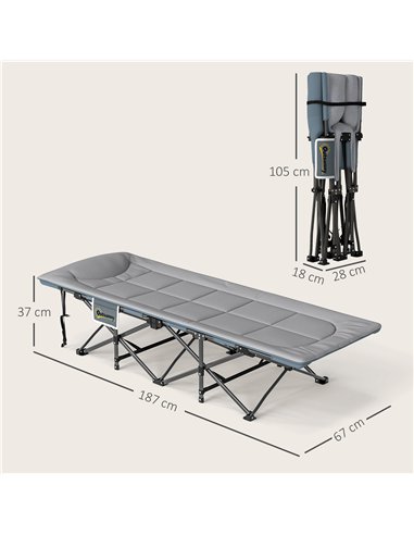 Outsunny Folding Camping Bed for Adults with Cushion, Heavy Duty Portable Travel Camping Cot with Headrest, Side Pocket and Non-
