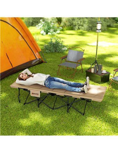Outsunny Folding Camping Bed for Adults with Cushion, Heavy Duty Portable Travel Camping Cot with Headrest, Side Pocket and Non-