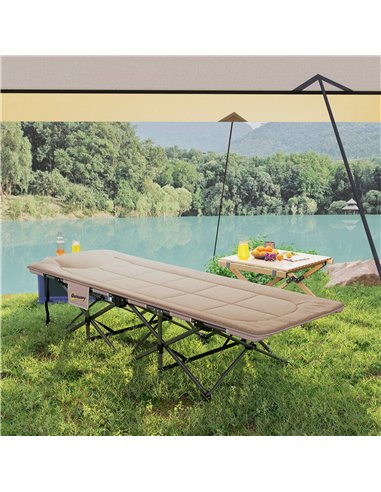 Outsunny Folding Camping Bed for Adults with Cushion, Heavy Duty Portable Travel Camping Cot with Headrest, Side Pocket and Non-