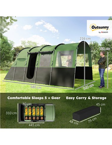 Outsunny 8-Person Camping Tent, Waterproof Family Tent, Tunnel Design, 4 Large Windows, Sleeping Cabins 3000mm Water Column Gree