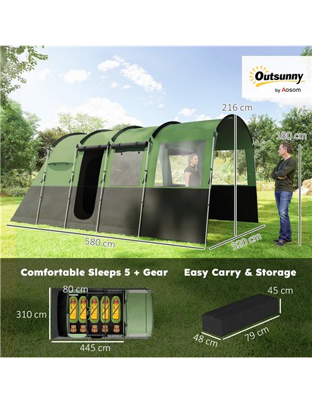 Outsunny 8-Person Camping Tent, Waterproof Family Tent, Tunnel Design, 4 Large Windows, Sleeping Cabins 3000mm Water Column Gree - pic 160538 | FastDaddyshop