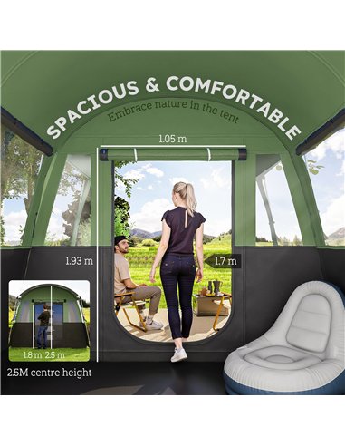 Outsunny 8-Person Camping Tent, Waterproof Family Tent, Tunnel Design, 4 Large Windows, Sleeping Cabins 3000mm Water Column Gree