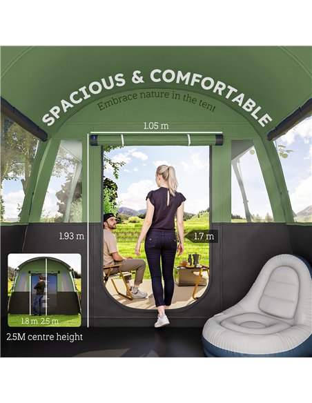 Outsunny 8-Person Camping Tent, Waterproof Family Tent, Tunnel Design, 4 Large Windows, Sleeping Cabins 3000mm Water Column Gree - pic 160540 | FastDaddyshop
