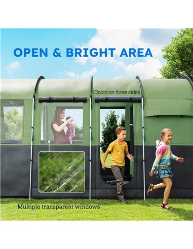 Outsunny 8-Person Camping Tent, Waterproof Family Tent, Tunnel Design, 4 Large Windows, Sleeping Cabins 3000mm Water Column Gree