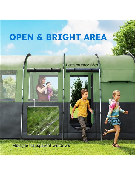 Outsunny 8-Person Camping Tent, Waterproof Family Tent, Tunnel Design, 4 Large Windows, Sleeping Cabins 3000mm Water Column Gree - pic 160541 | FastDaddyshop