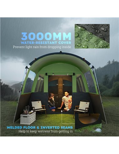Outsunny 8-Person Camping Tent, Waterproof Family Tent, Tunnel Design, 4 Large Windows, Sleeping Cabins 3000mm Water Column Gree
