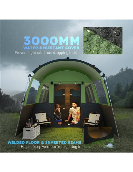 Outsunny 8-Person Camping Tent, Waterproof Family Tent, Tunnel Design, 4 Large Windows, Sleeping Cabins 3000mm Water Column Gree - pic 160543 | FastDaddyshop
