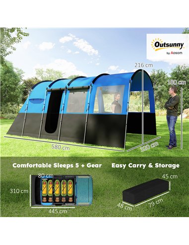 Outsunny 8-Person Camping Tent, Waterproof Family Tent, Tunnel Design, 4 Large Windows, Sleeping Cabins 3000mm Water Column Blue
