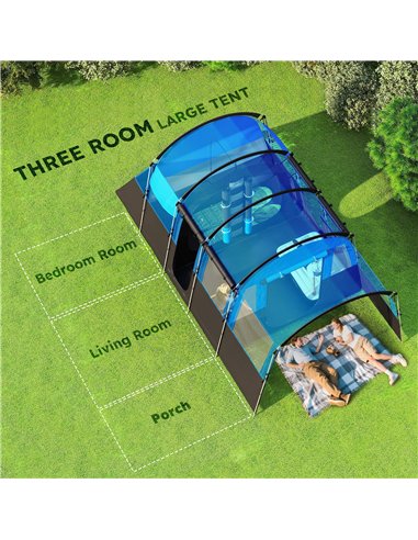 Outsunny 8-Person Camping Tent, Waterproof Family Tent, Tunnel Design, 4 Large Windows, Sleeping Cabins 3000mm Water Column Blue