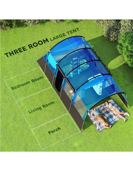 Outsunny 8-Person Camping Tent, Waterproof Family Tent, Tunnel Design, 4 Large Windows, Sleeping Cabins 3000mm Water Column Blue - pic 160548 | FastDaddyshop